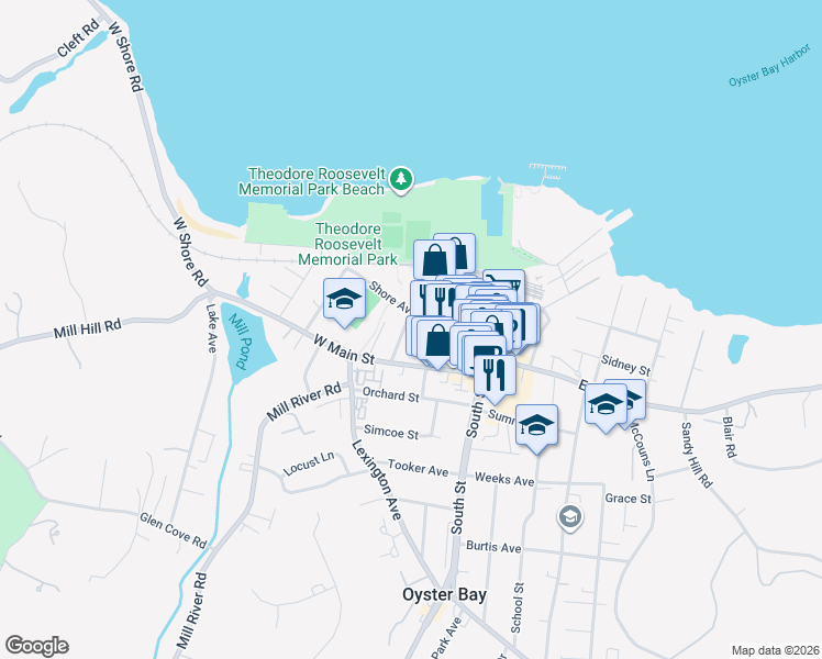 map of restaurants, bars, coffee shops, grocery stores, and more near 74 Audrey Avenue in Oyster Bay