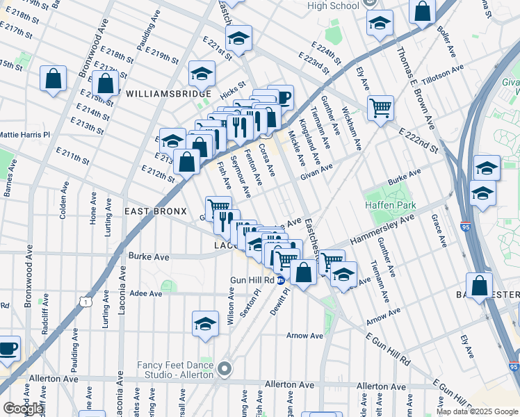 map of restaurants, bars, coffee shops, grocery stores, and more near 3232 Fenton Avenue in Bronx
