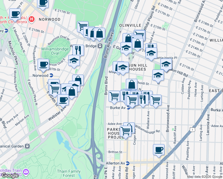 map of restaurants, bars, coffee shops, grocery stores, and more near 657A Rosewood Street in Bronx