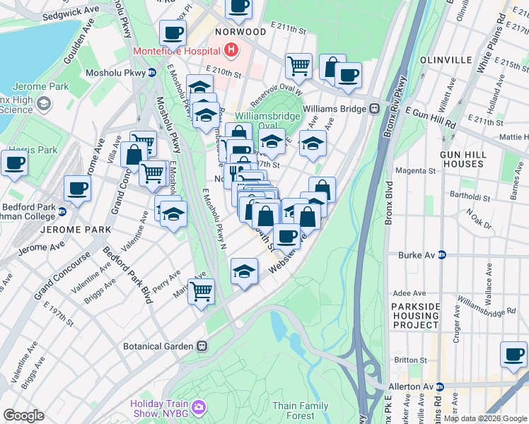 map of restaurants, bars, coffee shops, grocery stores, and more near in The Bronx