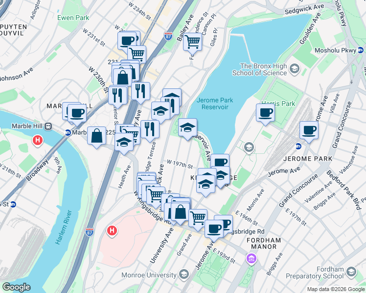 map of restaurants, bars, coffee shops, grocery stores, and more near 2856 Webb Avenue in Bronx