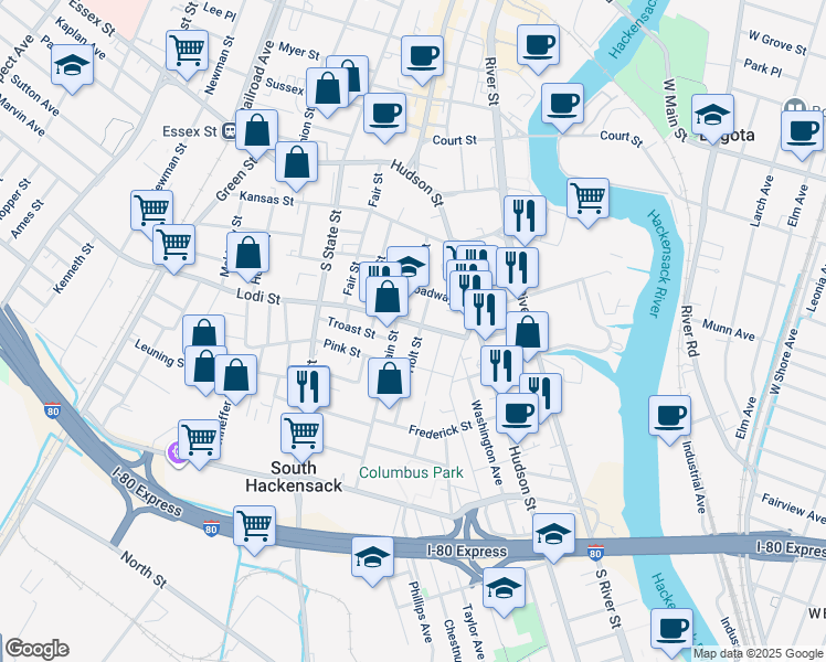 map of restaurants, bars, coffee shops, grocery stores, and more near 39 Lodi Street in Hackensack