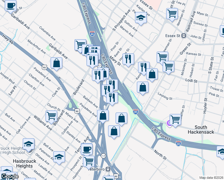 map of restaurants, bars, coffee shops, grocery stores, and more near 357 East Pleasantview Avenue in Hackensack