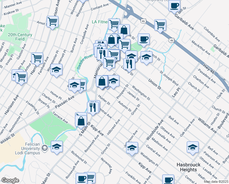 map of restaurants, bars, coffee shops, grocery stores, and more near 46 Spring Street in Lodi