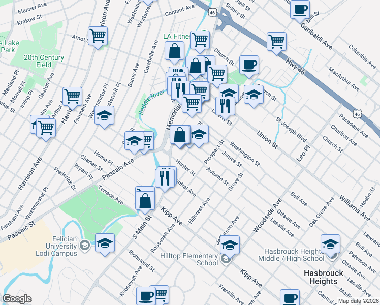 map of restaurants, bars, coffee shops, grocery stores, and more near 1 South Main Street in Lodi
