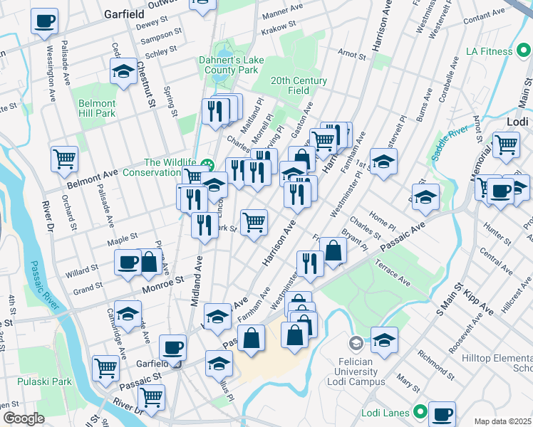 map of restaurants, bars, coffee shops, grocery stores, and more near 107 Frederick Street in Garfield