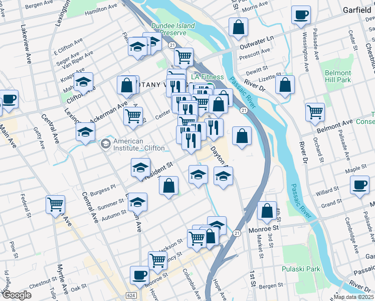 map of restaurants, bars, coffee shops, grocery stores, and more near 13A Allen Street in Passaic