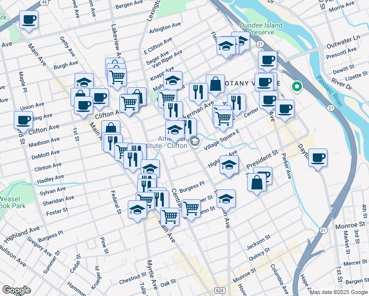 map of restaurants, bars, coffee shops, grocery stores, and more near 16 Portland Avenue in Clifton