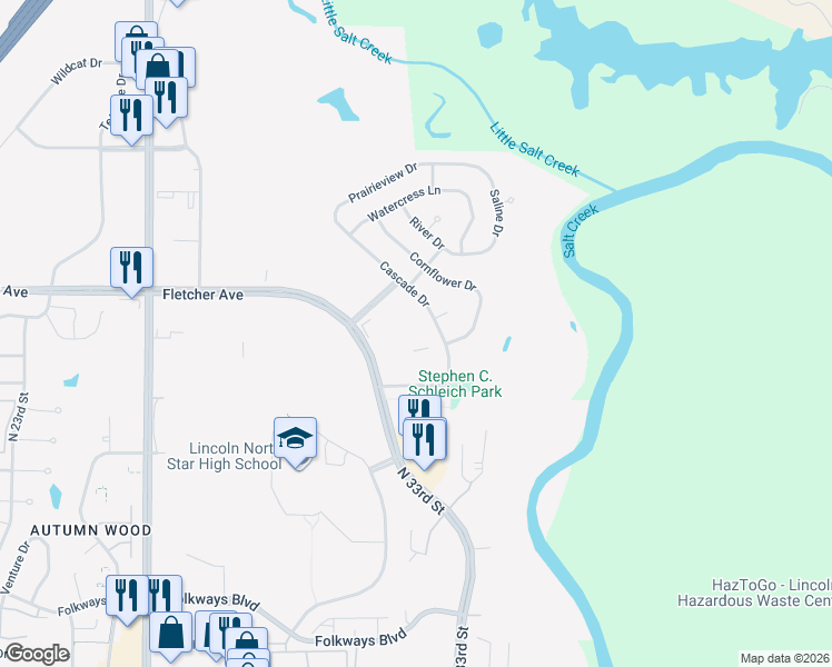 map of restaurants, bars, coffee shops, grocery stores, and more near 6050 Meridian Drive in Lincoln