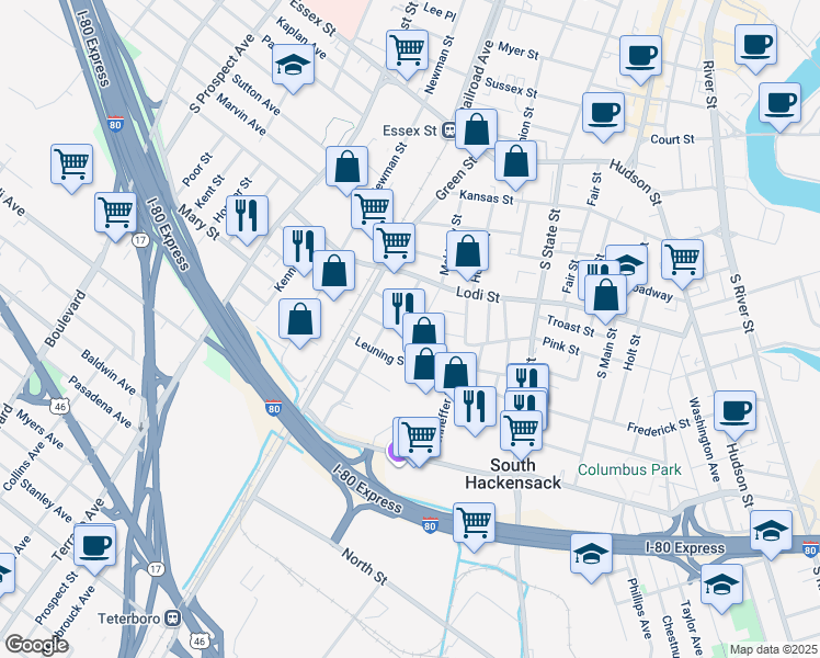 map of restaurants, bars, coffee shops, grocery stores, and more near 161 Liberty Street in Hackensack