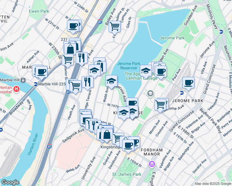 map of restaurants, bars, coffee shops, grocery stores, and more near 2876 Claflin Avenue in The Bronx
