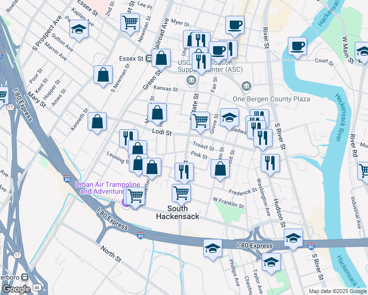 map of restaurants, bars, coffee shops, grocery stores, and more near 149-151 South State Street in Hackensack