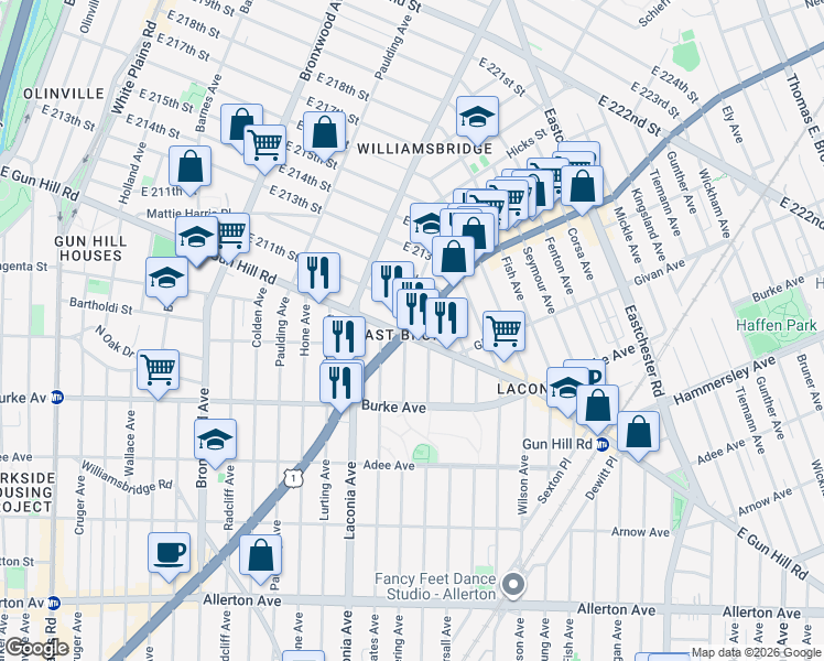 map of restaurants, bars, coffee shops, grocery stores, and more near 3300 Boston Road in The Bronx