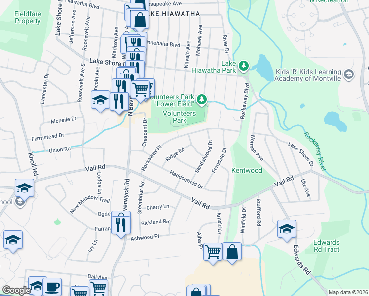 map of restaurants, bars, coffee shops, grocery stores, and more near 17 Ridge Road in Parsippany-Troy Hills