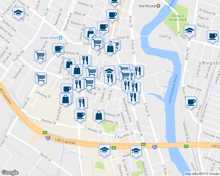 map of restaurants, bars, coffee shops, grocery stores, and more near 39 Lodi St in Hackensack