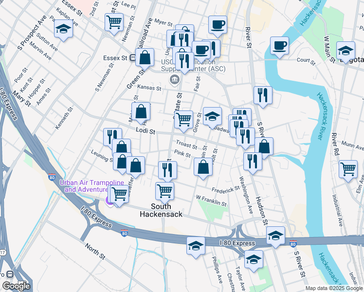 map of restaurants, bars, coffee shops, grocery stores, and more near 105 Troast Street in Hackensack
