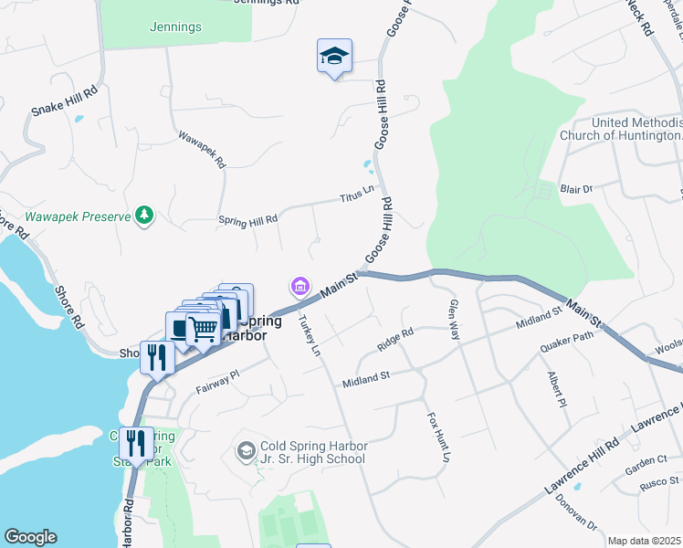map of restaurants, bars, coffee shops, grocery stores, and more near 385 Main Street in Cold Spring Harbor