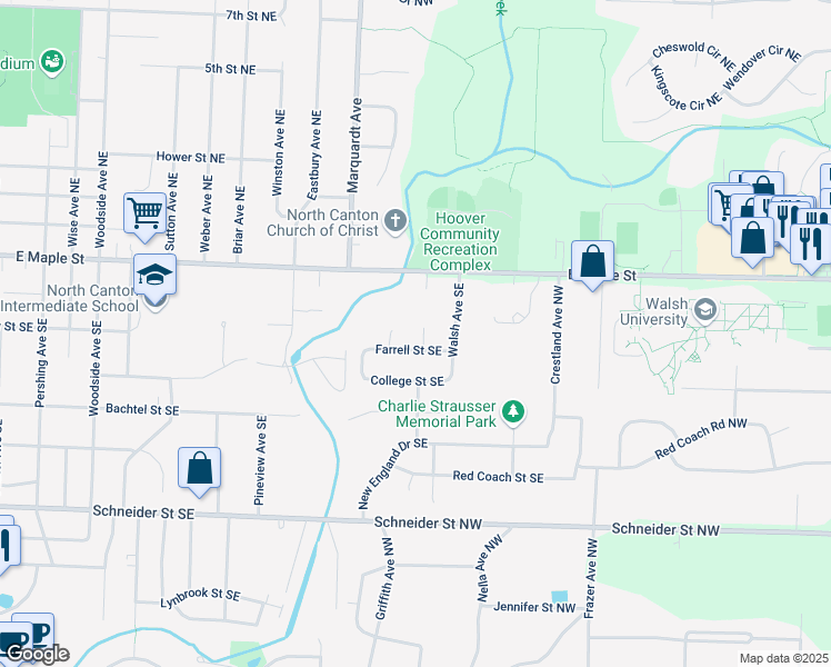 map of restaurants, bars, coffee shops, grocery stores, and more near 163 Kandel Circle Southeast in North Canton