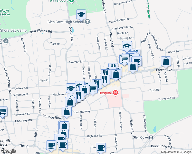 map of restaurants, bars, coffee shops, grocery stores, and more near Phillips Road in Glen Cove