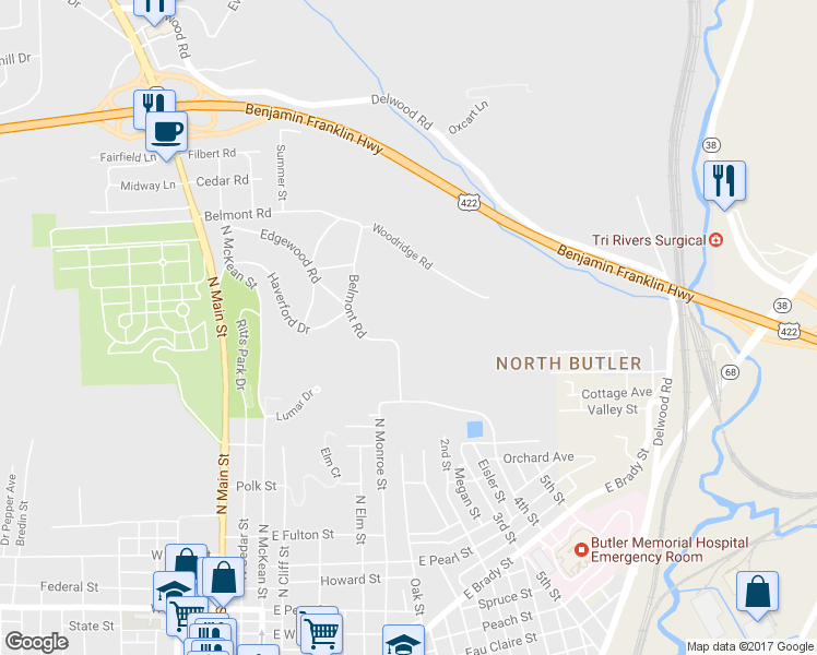 map of restaurants, bars, coffee shops, grocery stores, and more near 729 Belmont Road in Butler