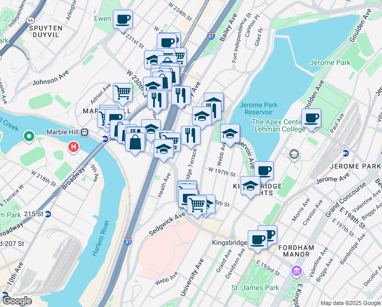 map of restaurants, bars, coffee shops, grocery stores, and more near 2787 Kingsbridge Terrace in The Bronx