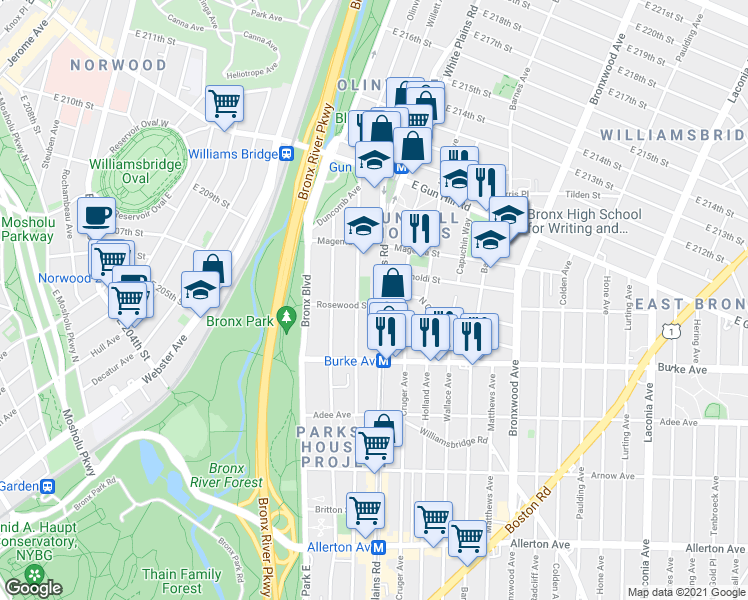 map of restaurants, bars, coffee shops, grocery stores, and more near 3309 White Plains Road in Bronx