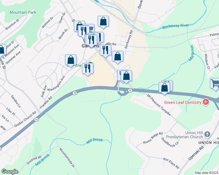 map of restaurants, bars, coffee shops, grocery stores, and more near 140 New Jersey 10 in Randolph