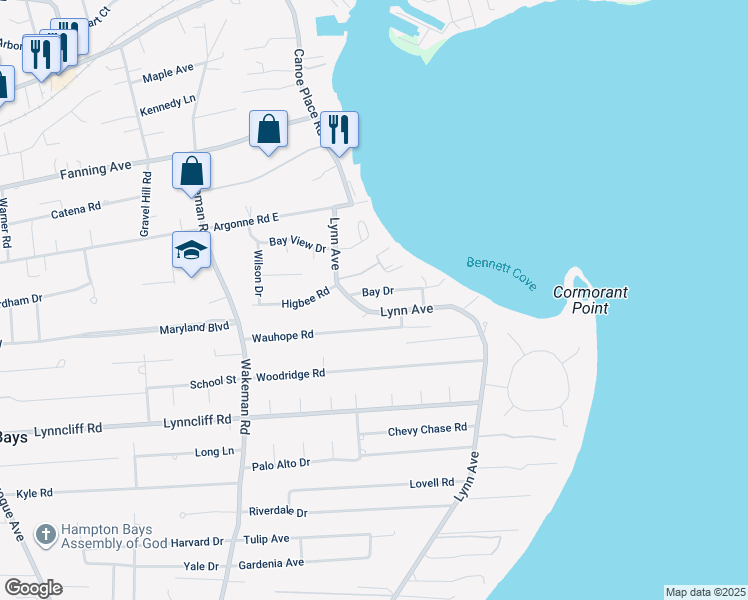 map of restaurants, bars, coffee shops, grocery stores, and more near 4 Bay Drive in Hampton Bays