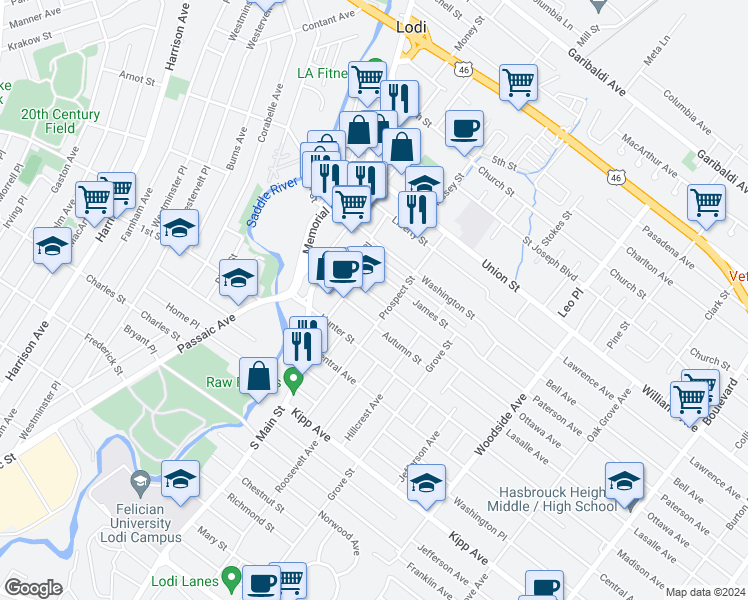 map of restaurants, bars, coffee shops, grocery stores, and more near 56 Spring Street in Lodi