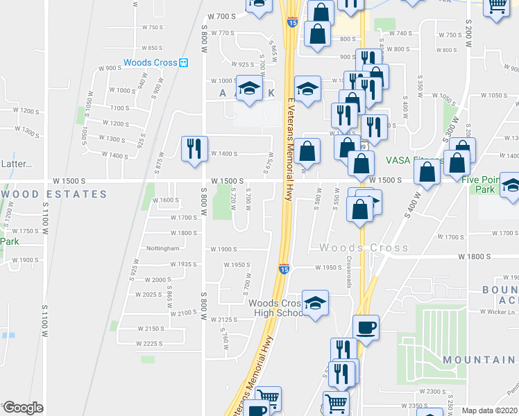map of restaurants, bars, coffee shops, grocery stores, and more near 1654 Sorrento Drive in Woods Cross