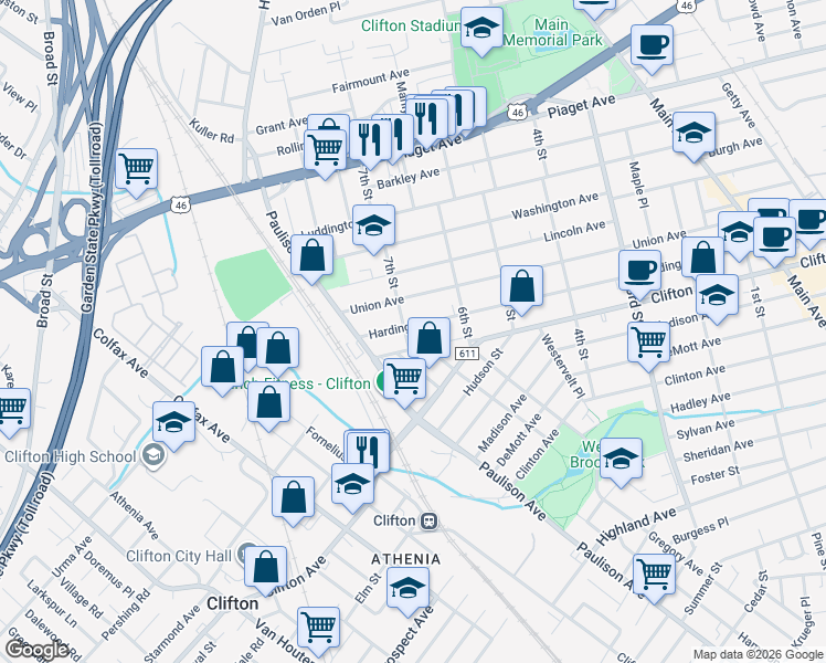map of restaurants, bars, coffee shops, grocery stores, and more near 353 Harding Avenue in Clifton