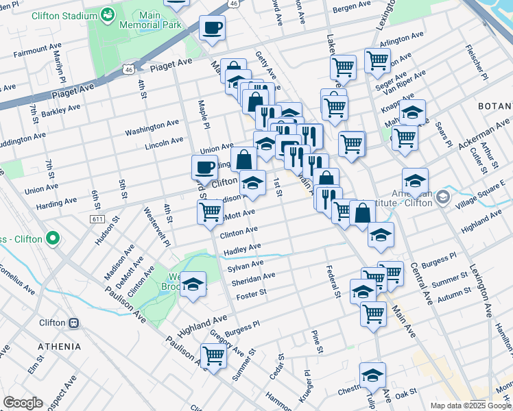 map of restaurants, bars, coffee shops, grocery stores, and more near 76 DeMott Avenue in Clifton