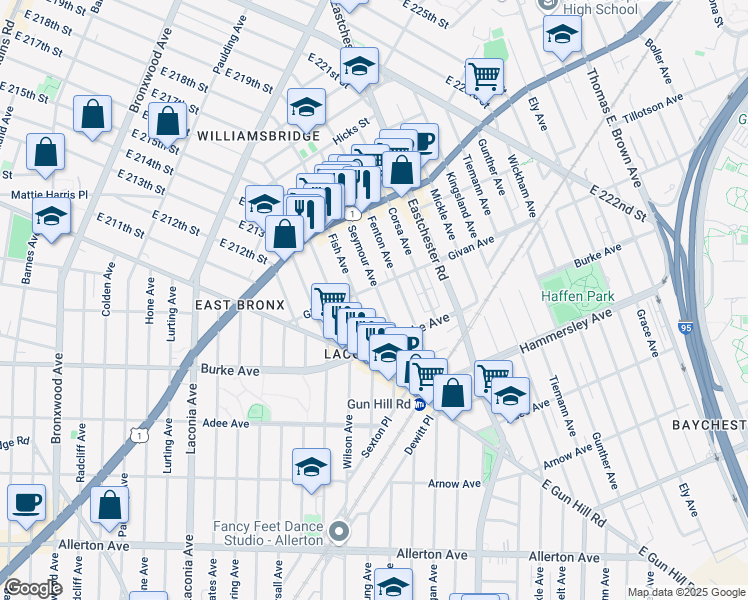 map of restaurants, bars, coffee shops, grocery stores, and more near 1386 Givan Avenue in Bronx