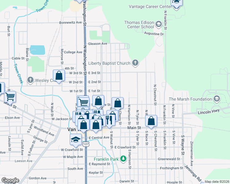 map of restaurants, bars, coffee shops, grocery stores, and more near 308 East 1st Street in Van Wert