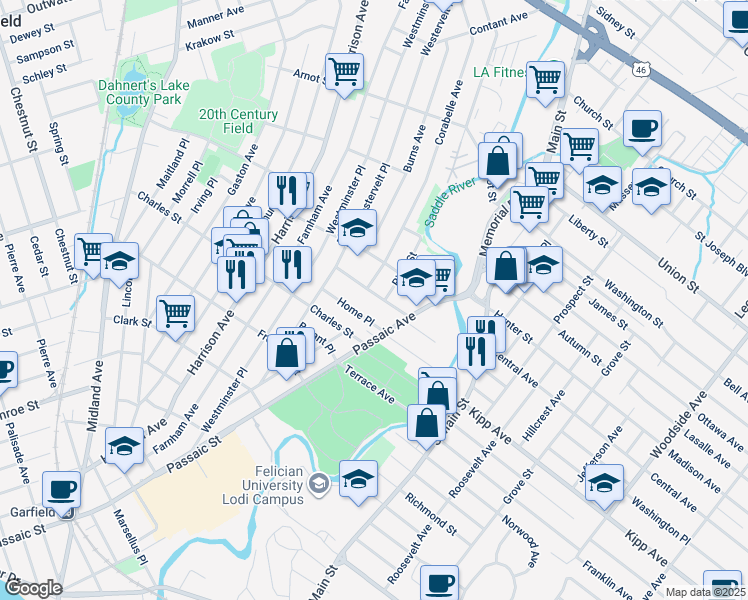 map of restaurants, bars, coffee shops, grocery stores, and more near 33 Park Avenue in Lodi