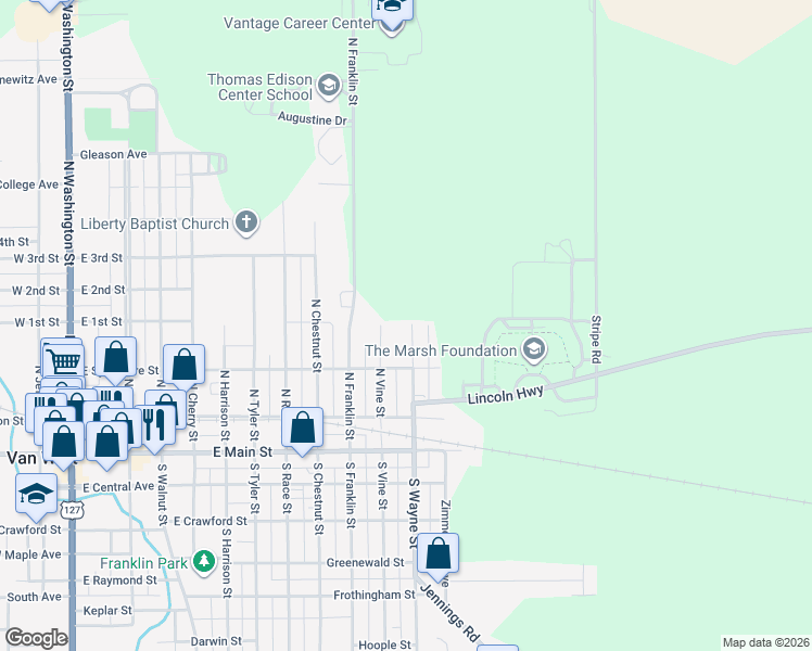 map of restaurants, bars, coffee shops, grocery stores, and more near 339 North Wayne Street in Van Wert
