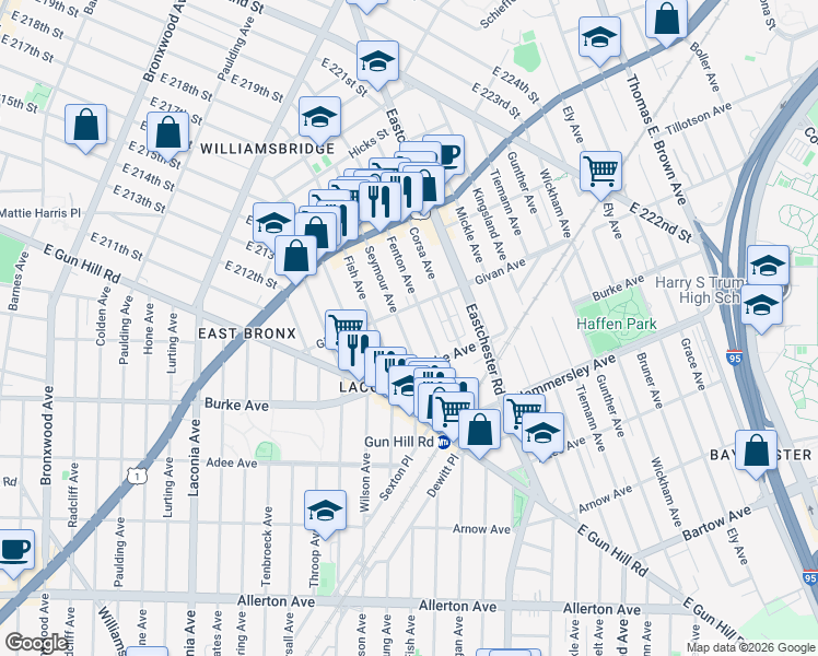map of restaurants, bars, coffee shops, grocery stores, and more near 3232 Fenton Avenue in Bronx