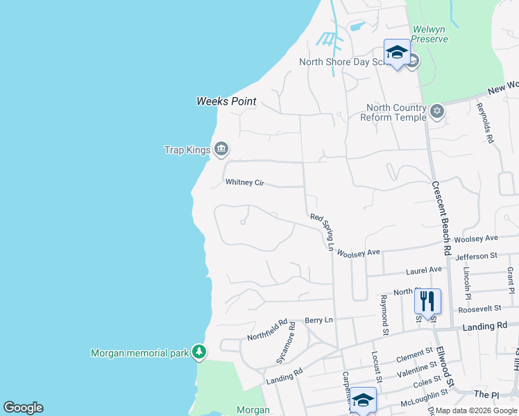 map of restaurants, bars, coffee shops, grocery stores, and more near 22 Pembroke Drive in Glen Cove