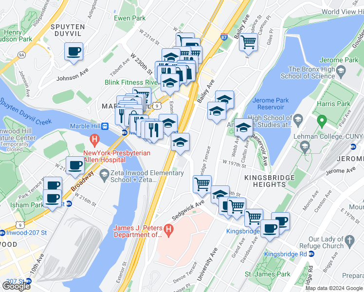 map of restaurants, bars, coffee shops, grocery stores, and more near 2810 Bailey Avenue in Bronx