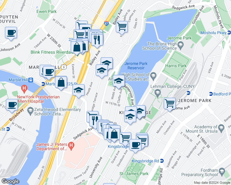 map of restaurants, bars, coffee shops, grocery stores, and more near 2856 Webb Avenue in The Bronx