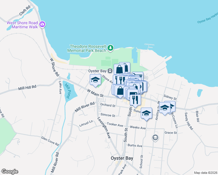 map of restaurants, bars, coffee shops, grocery stores, and more near 72 Maxwell Avenue in Oyster Bay
