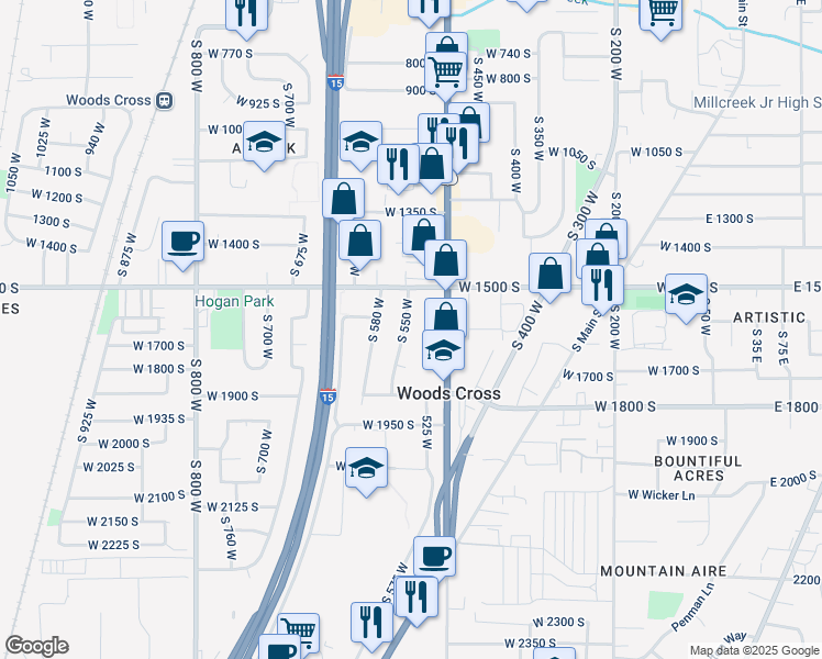 map of restaurants, bars, coffee shops, grocery stores, and more near 1651 South 550 West in Woods Cross