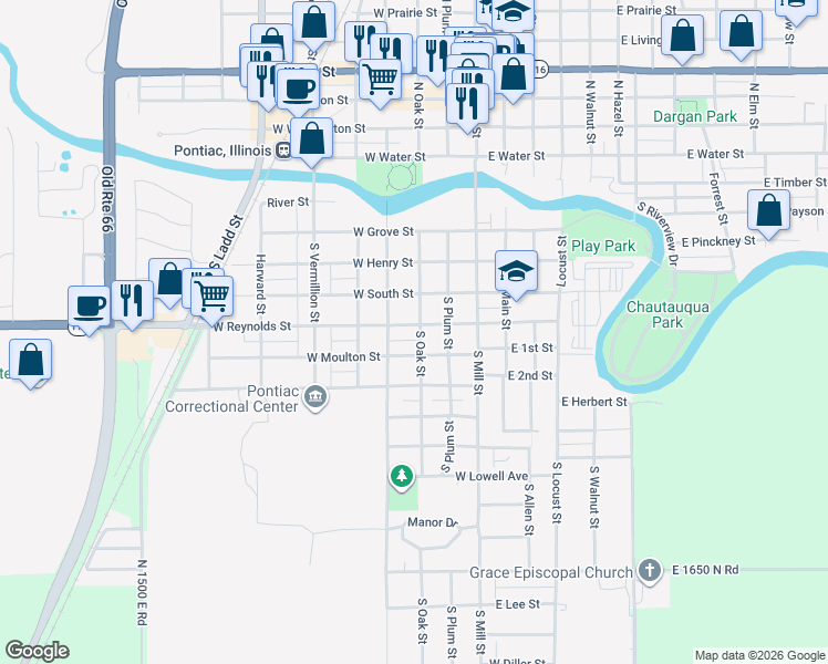 map of restaurants, bars, coffee shops, grocery stores, and more near 404 West Reynolds Street in Pontiac