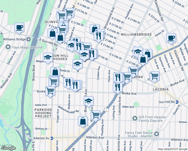 map of restaurants, bars, coffee shops, grocery stores, and more near 3312 Radcliff Avenue in The Bronx