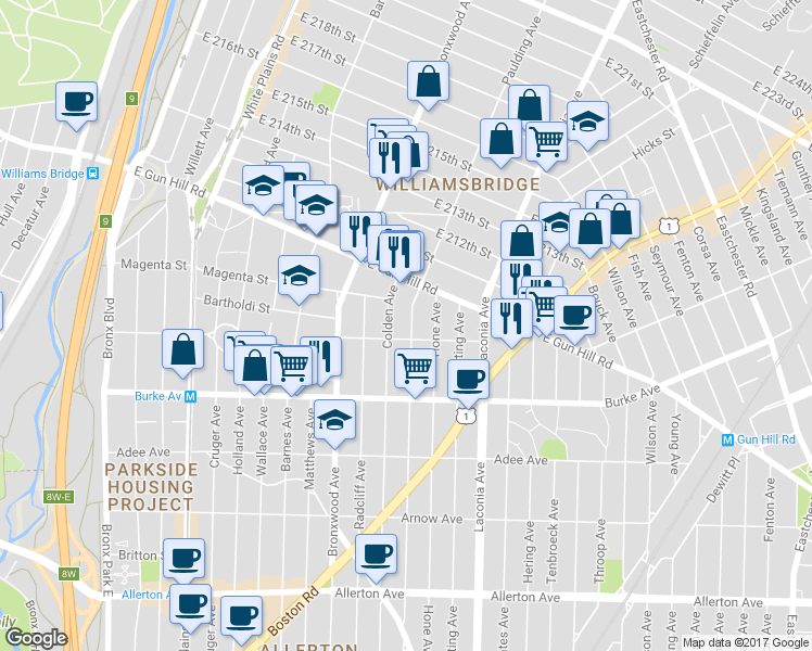 map of restaurants, bars, coffee shops, grocery stores, and more near 3319 Paulding Avenue in Bronx