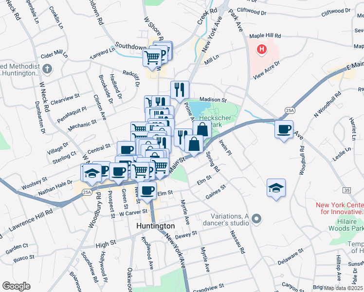 map of restaurants, bars, coffee shops, grocery stores, and more near 20 Gibson Avenue in Huntington