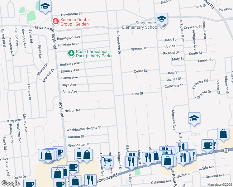 map of restaurants, bars, coffee shops, grocery stores, and more near 49 Pine Street in Selden
