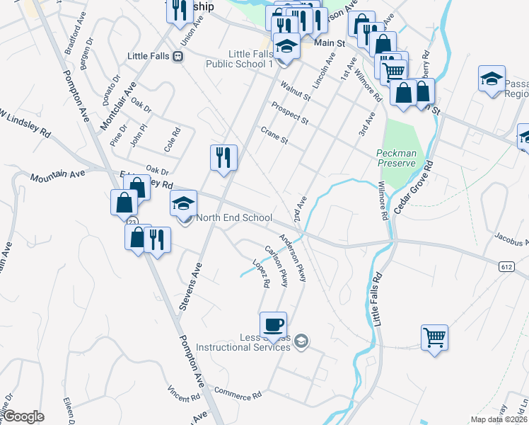 map of restaurants, bars, coffee shops, grocery stores, and more near 210 East Lindsley Road in Cedar Grove