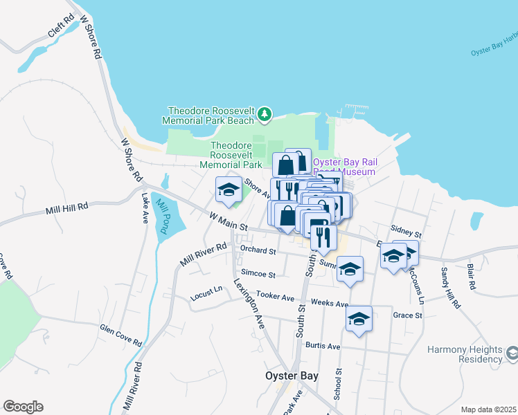 map of restaurants, bars, coffee shops, grocery stores, and more near 72 Maxwell Avenue in Oyster Bay