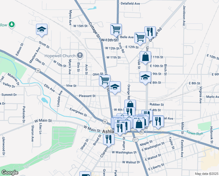 map of restaurants, bars, coffee shops, grocery stores, and more near 629 Cottage Street in Ashland